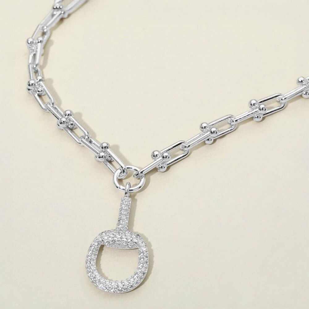 Silver Horsebit U-Link Industrial Chain CZ Rhinestone Crystal Pendant Necklace